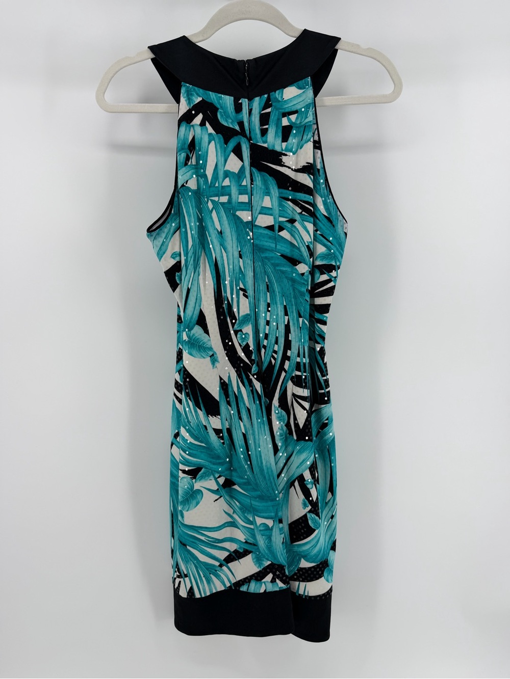 Cache Teal Black White Tropical Print Clear Sequin Sleeveless Dress, Women's 8 - Picture 4 of 9